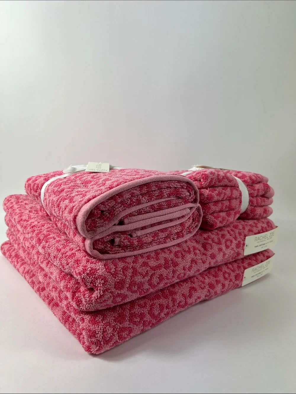 Rachel Zoe Bath Towel Set Pink Leopard Animal Print Soft 100% Cotton 8 Pc NEW
